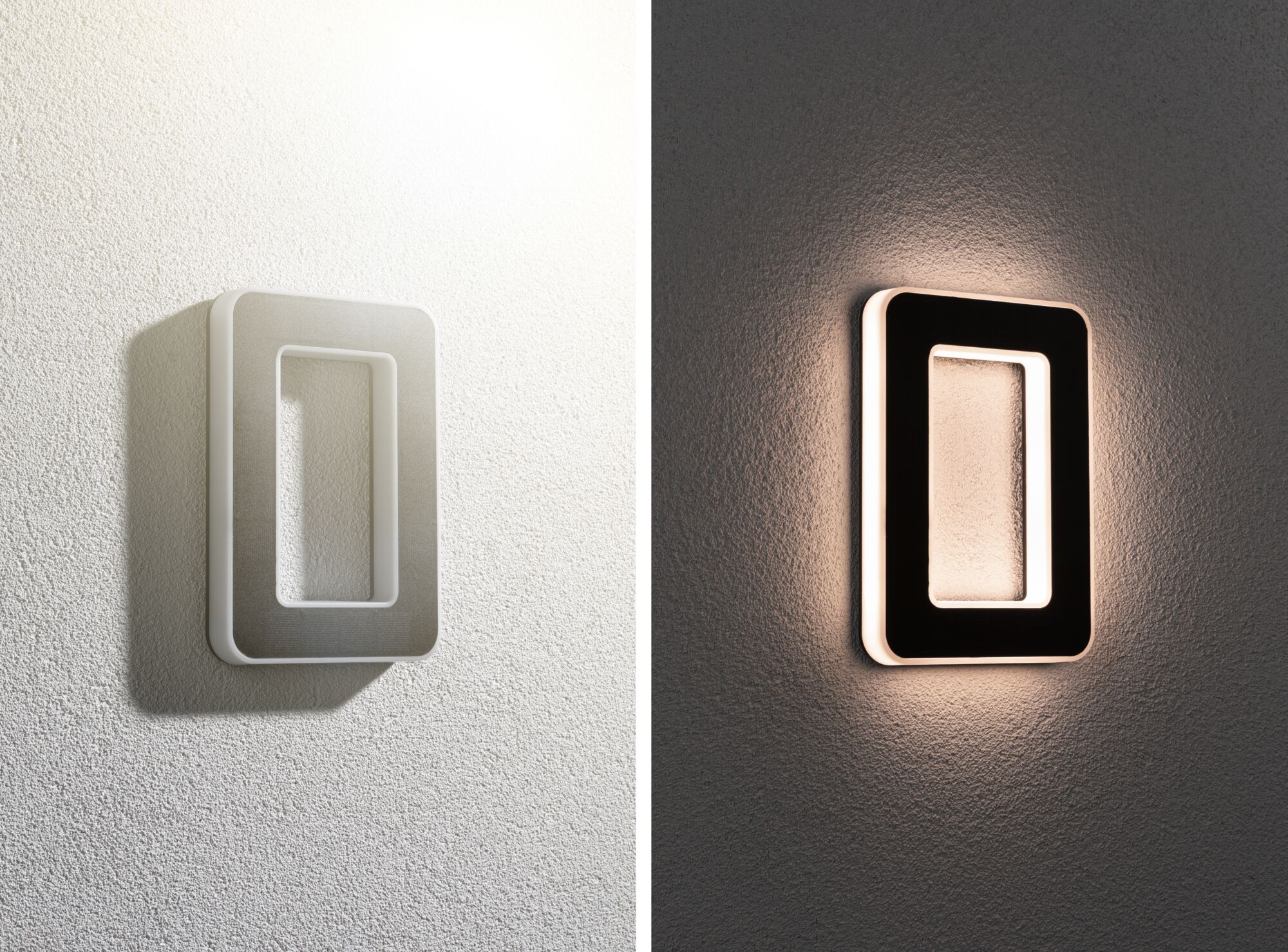 Modern rectangular LED wall light in white and black with warm glow for stylish home lighting