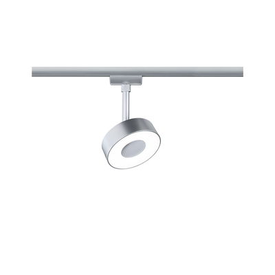 Modern round LED spotlight in silver metal on track system for flexible lighting solutions