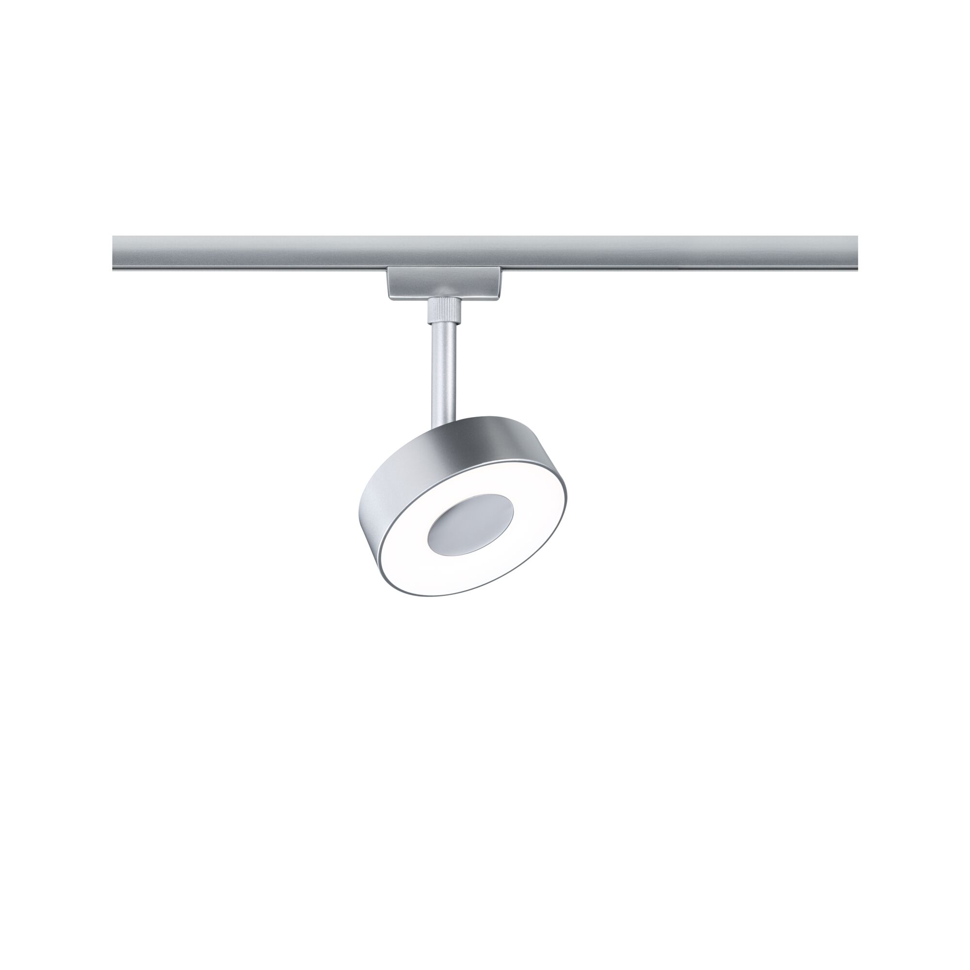 Moderner runder LED-Strahler aus silbernem Metall an Schienensystem für flexible Beleuchtung