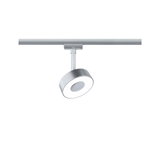 Moderner runder LED-Strahler aus silbernem Metall an Schienensystem für flexible Beleuchtung