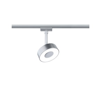 Moderner runder LED-Strahler aus silbernem Metall an Schienensystem für flexible Beleuchtung