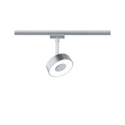Moderner runder LED-Strahler aus silbernem Metall an Schienensystem für flexible Beleuchtung