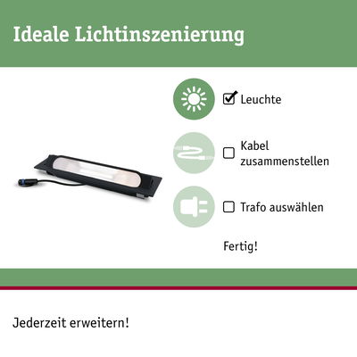 Schwarze LED-Leuchte mit integriertem Kabel für einfache Lichtinszenierung und flexible Erweiterung