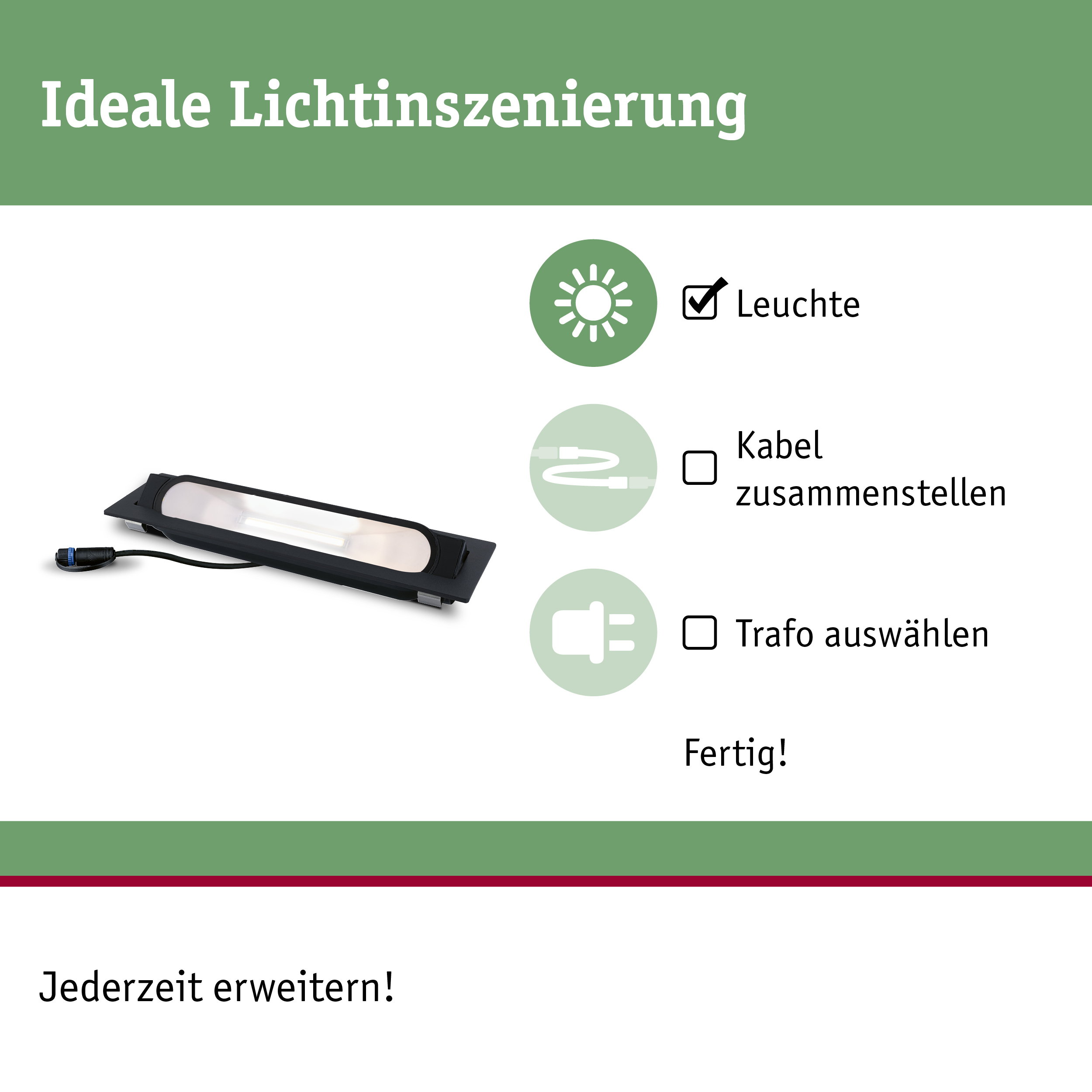 Schwarze LED-Leuchte mit Kabelanschluss für flexible Lichtinszenierung und einfache Montage