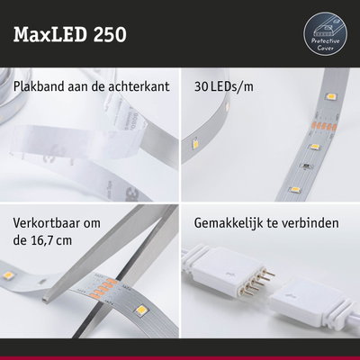 MaxLED 250 LED-strip met plakband, 30 LEDs per meter, verkortbaar om de 16,7 cm, eenvoudig te verbinden