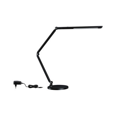 Schwarze LED-Schreibtischlampe aus Metall mit verstellbarem Arm und rundem Sockel für Bürobeleuchtung