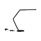 Black metal LED desk lamp with adjustable arm and round base for office lighting and workspace