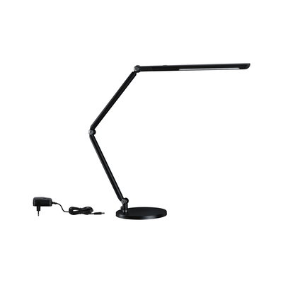 Black metal LED desk lamp with adjustable arm and round base for office lighting and workspace