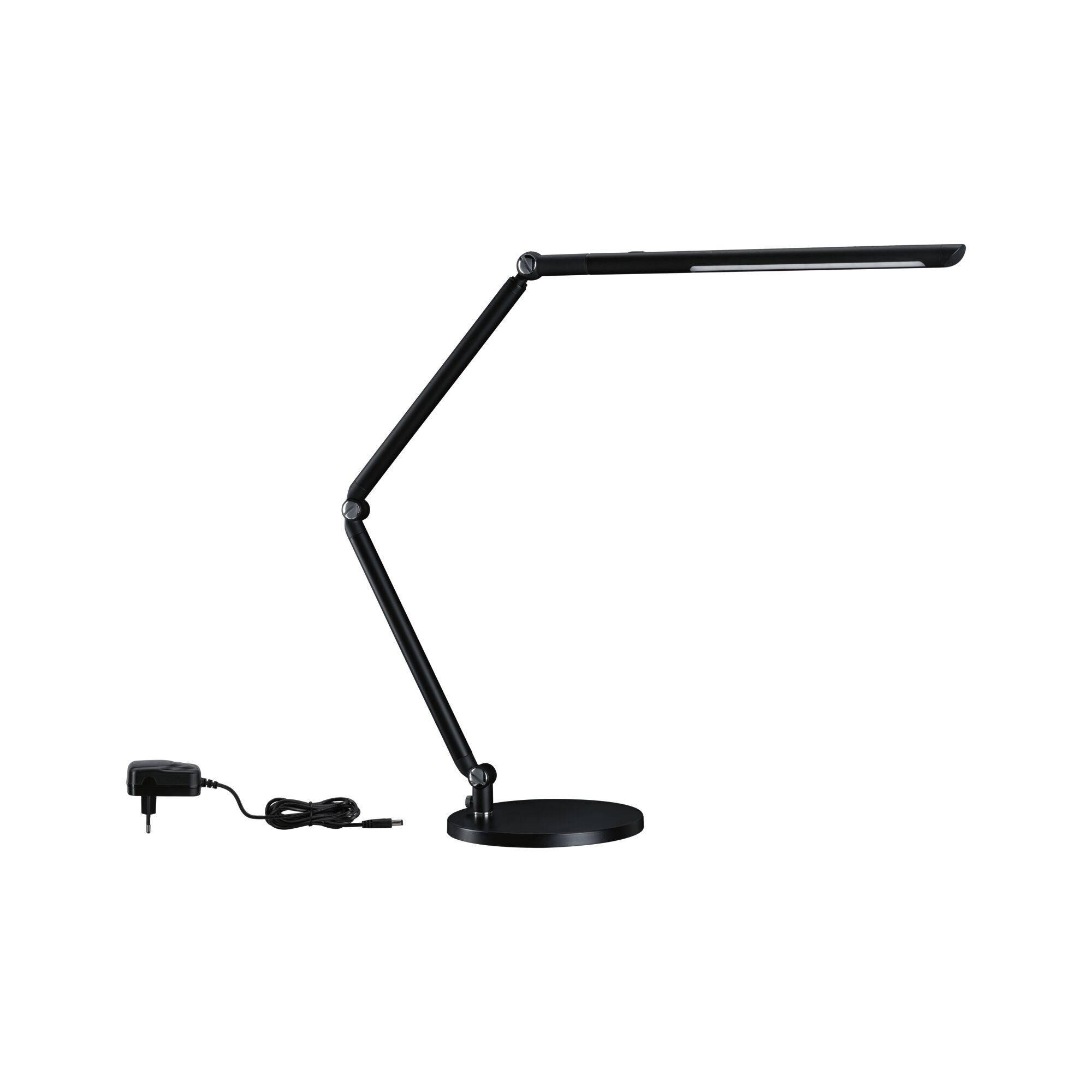 Black metal LED desk lamp with adjustable arm and round base for office lighting and workspace