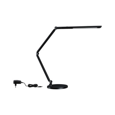 Black metal LED desk lamp with adjustable arm and round base for office lighting and workspace