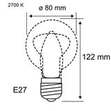 Technische tekening van een E27 LED-lamp met 80 mm diameter en 122 mm lengte, kleurtemperatuur 2700 K