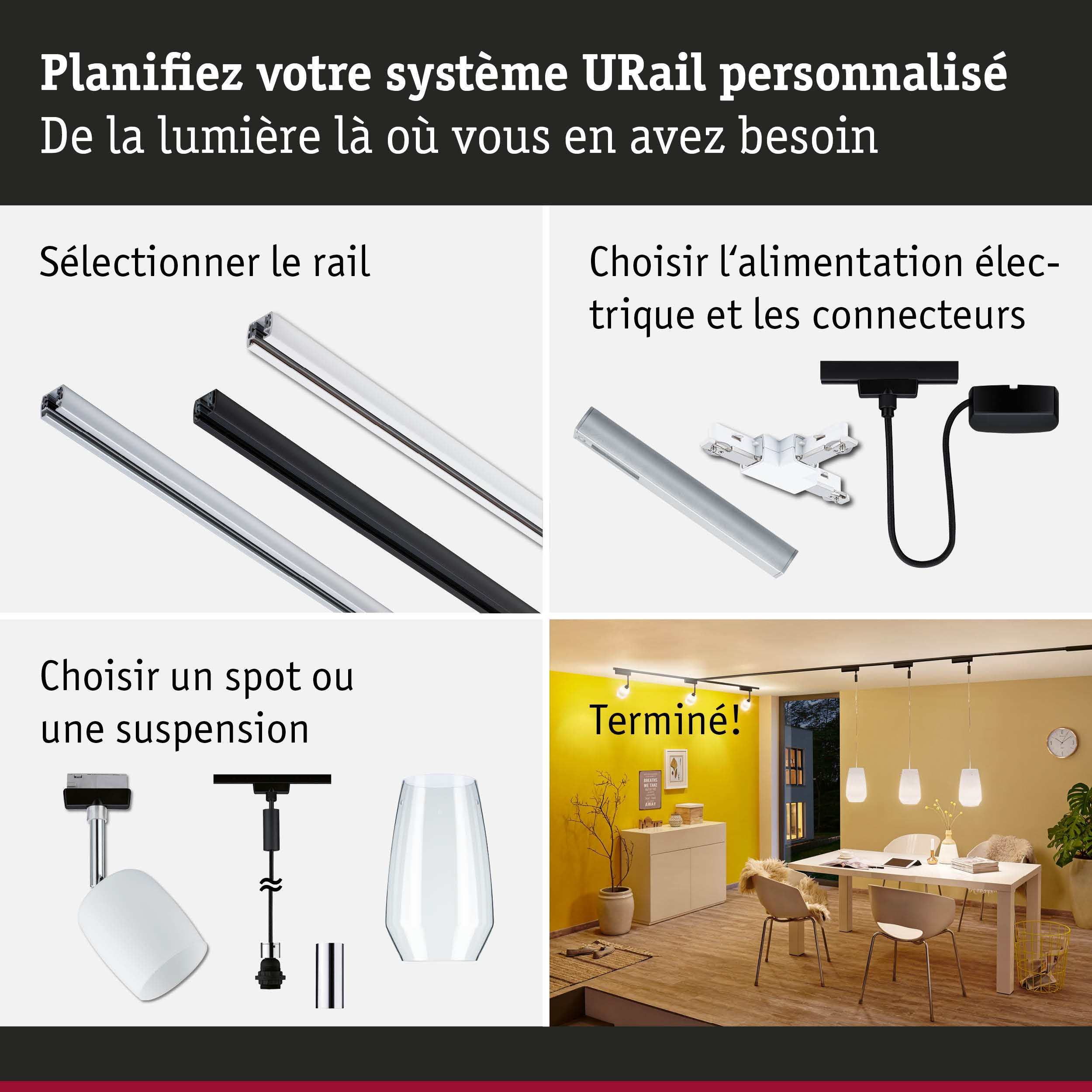 Système de rail URail modulaire avec rails et connecteurs électriques pour un éclairage personnalisé.