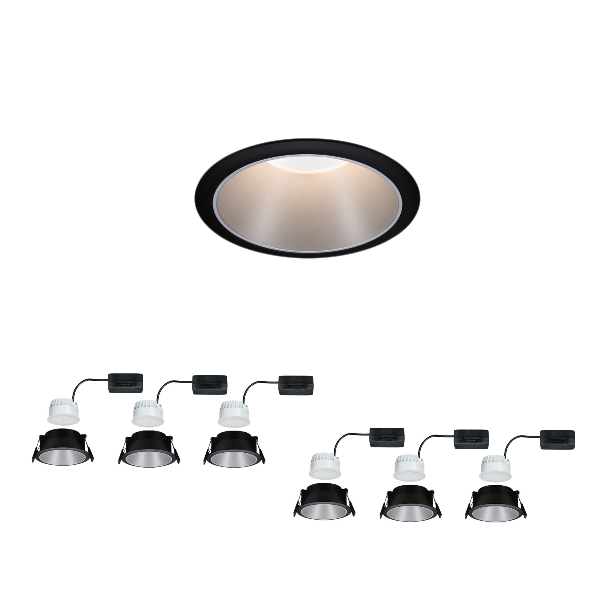 LED Einbauleuchte 3-Step-Dim Cole Coin 6er-Set IP44 rund 88mm Coin 6x6W 6x470lm 230V dimmbar 2700K Schwarz/Silber matt Schwarze LED-Einbaustrahler mit silberner Reflektorfläche und weißem Kühlkörper für moderne Raumbeleuchtung