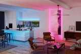 Modernes Wohnzimmer mit braunen Sesseln und LED-Streifenbeleuchtung in Blau und Pink für Wohnraumbeleuchtung