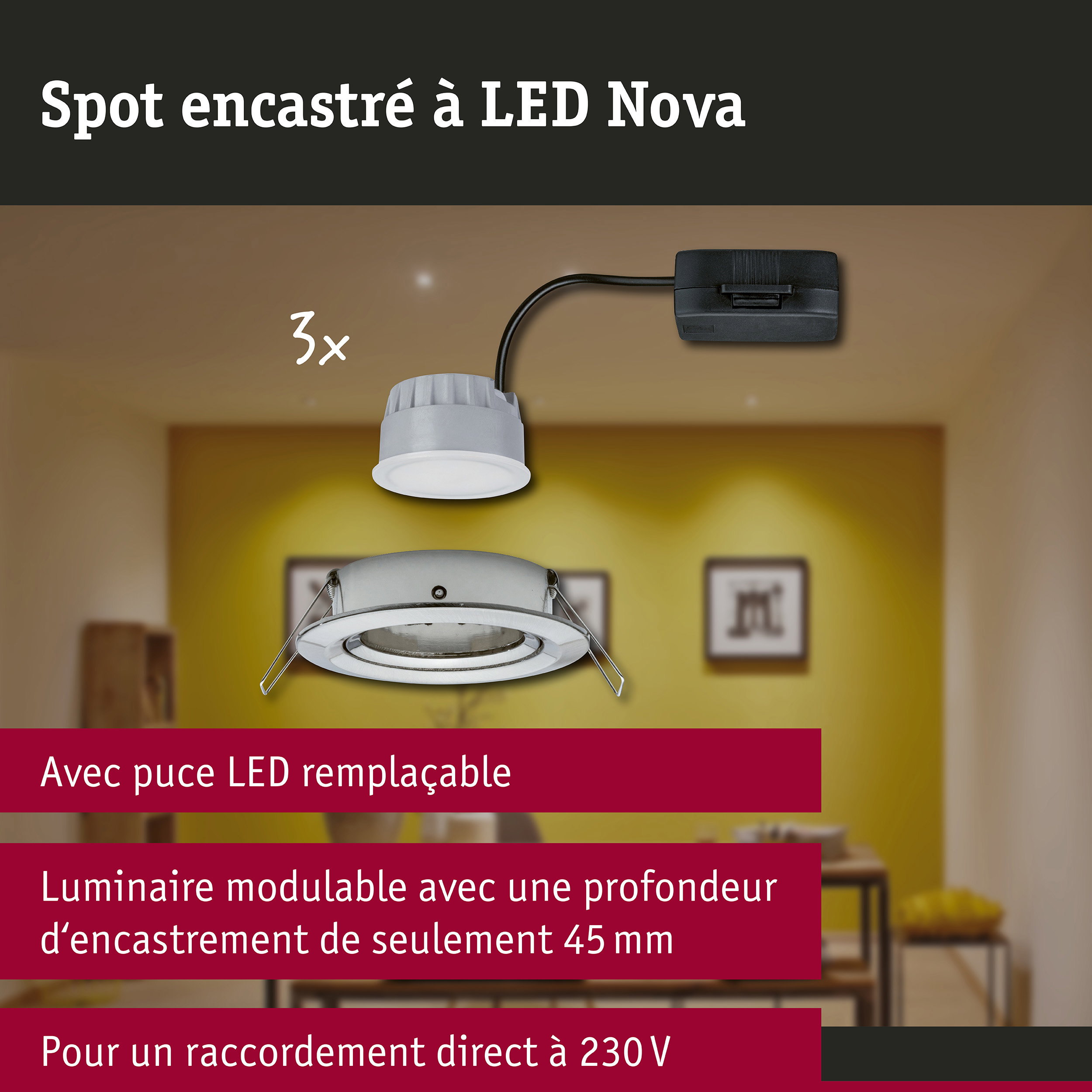 Spot encastré LED 3-Step-Dim Nova Coin Kit de base orientable rond 84mm 50° Coin 3x6W 3x470lm 230V gradable 2700K Acier brossé