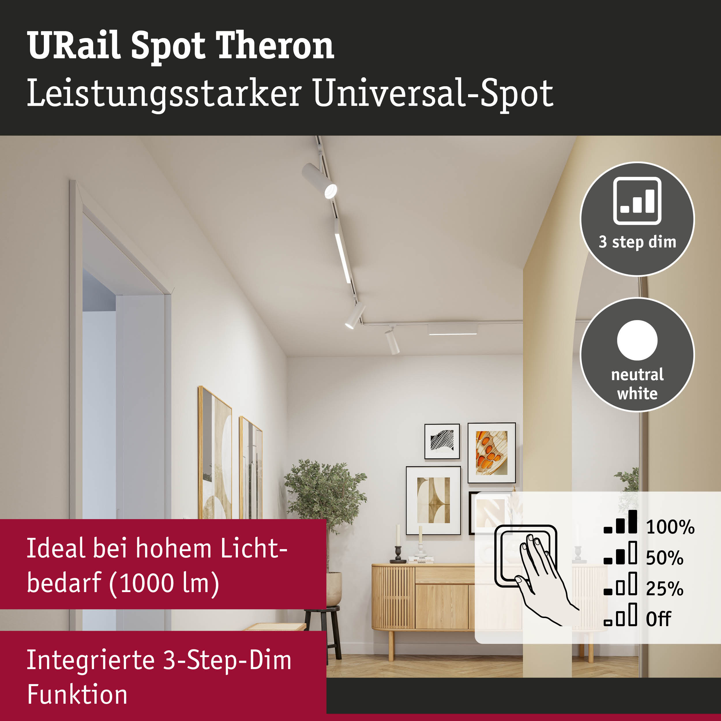 Weißer URail Spot Theron LED-Strahler mit 3-Stufen-Dimmfunktion für hohen Lichtbedarf