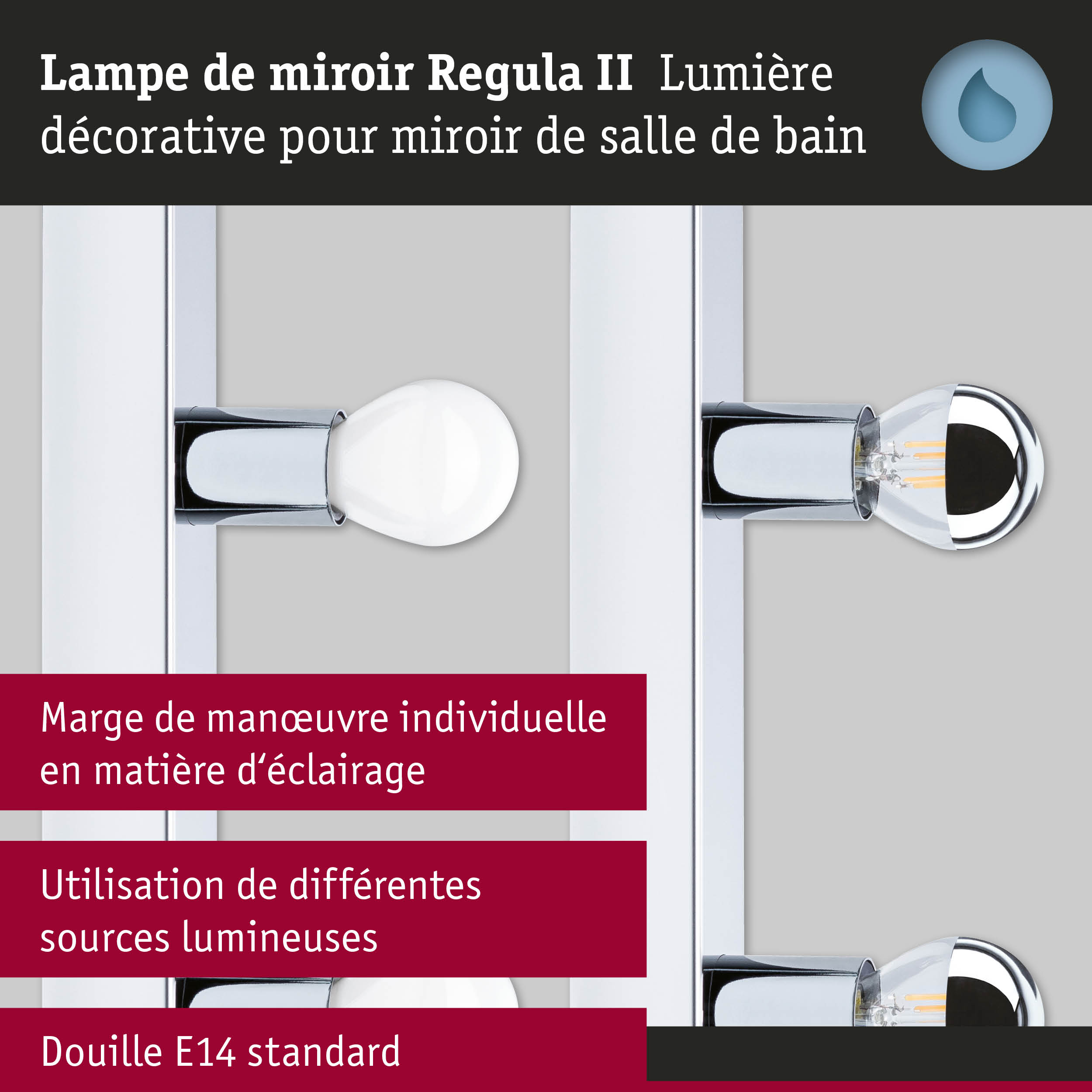 Lampe de miroir Regula II avec support chromé et douille E14 pour éclairage salle de bain