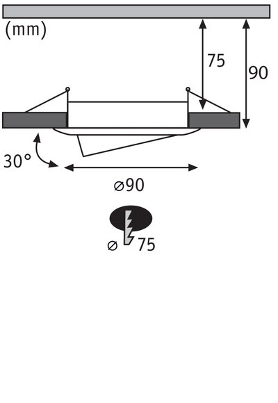 Technical drawing of a recessed spotlight with 90 mm diameter and 30-degree tilt for LED downlights.