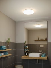 Round white plastic ceiling light in modern bathroom with grey tiles and wooden shelves