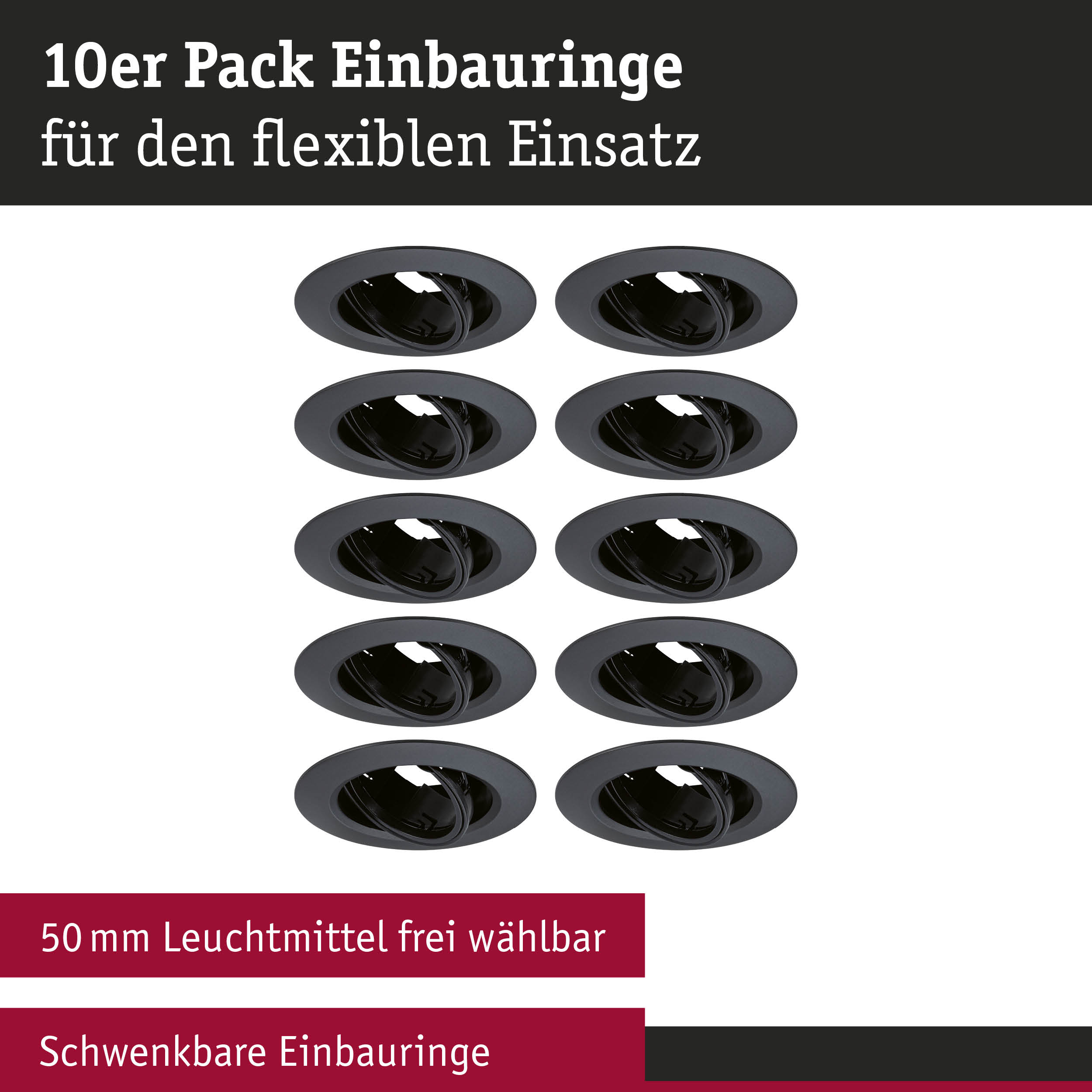 10er Pack schwarze schwenkbare Einbauringe aus Metall für flexible LED-Einbaustrahler