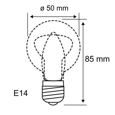 Technical drawing of an E14 bulb with 50 mm diameter and 85 mm height for LED lighting