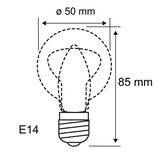 Technische tekening van een E14 lamp met 50 mm diameter en 85 mm hoogte voor LED-verlichting