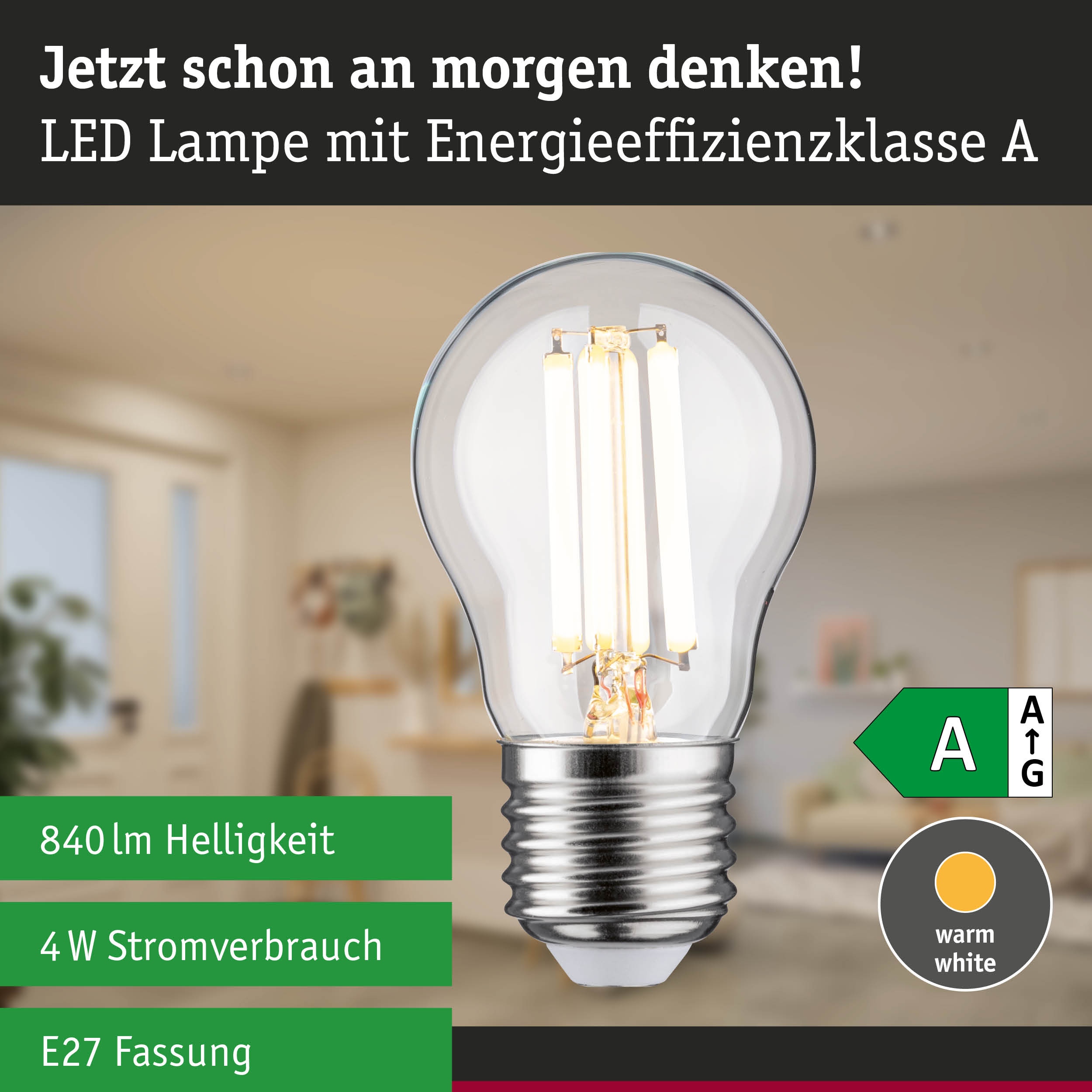 Energiesparende LED-Lampe mit warmweißem Licht und hoher Effizienz vor grünem Waldhintergrund