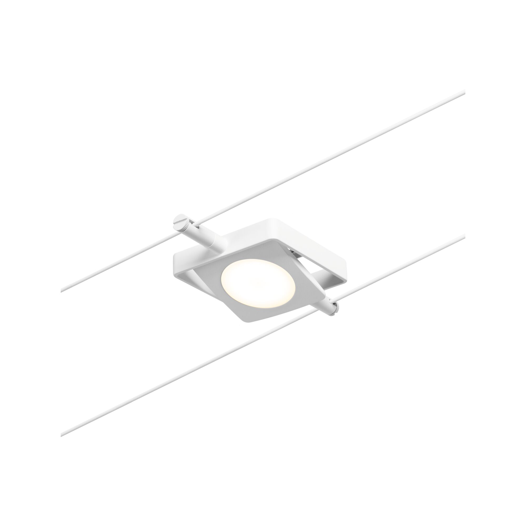 Weißer quadratischer LED-Seilstrahler aus Metall mit warmweißem Licht für moderne Beleuchtungssysteme
