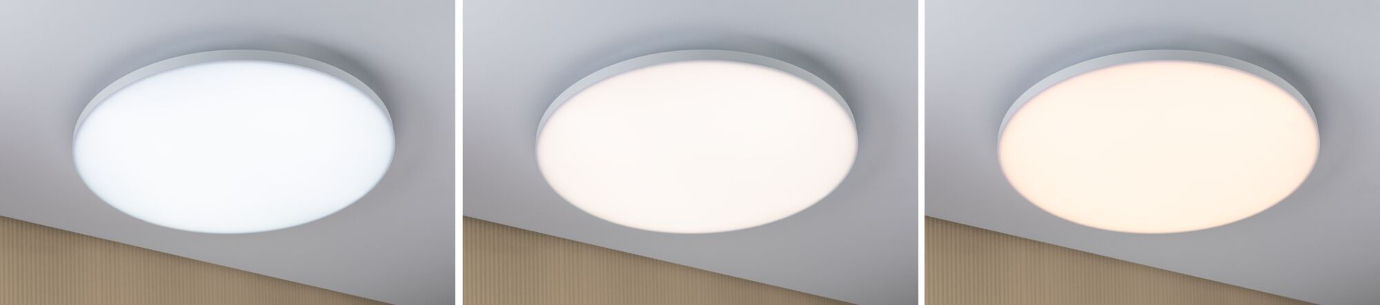 Three round white LED ceiling lights showing different light colours for modern room lighting