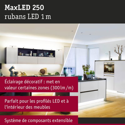 Bande LED MaxLED 250 1 m pour éclairage décoratif dans meubles de cuisine avec lumière blanc chaud