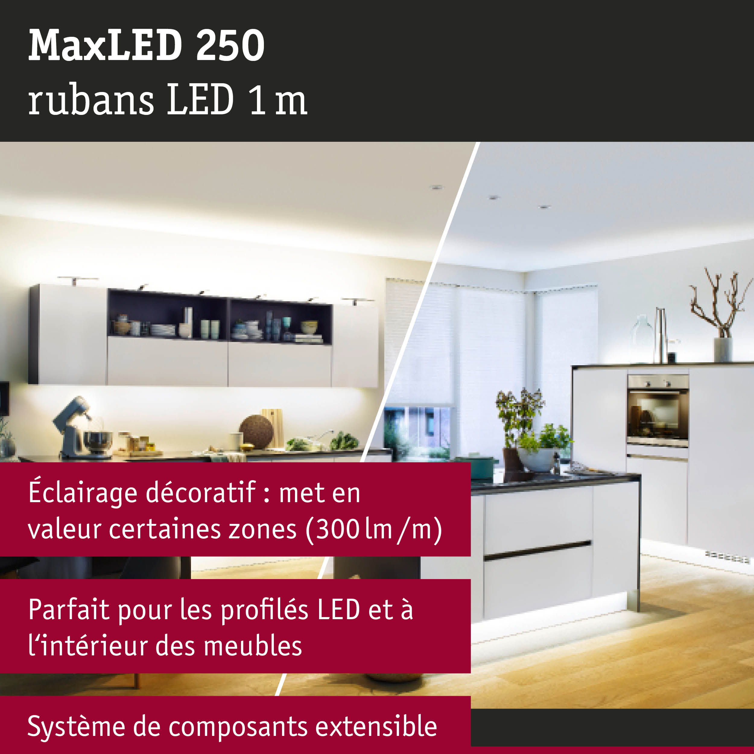 Bande LED MaxLED 250 1 m pour éclairage décoratif dans cuisine moderne avec meubles blancs