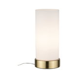 Modern table lamp with white glass cylinder and brass-colored metal base for ambient lighting