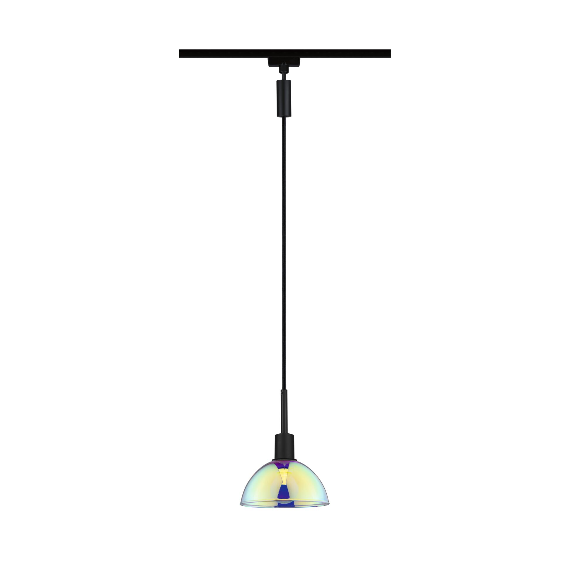 Moderne Pendelleuchte mit irisierendem Glas und schwarzem Kabel für stilvolle Raumbeleuchtung