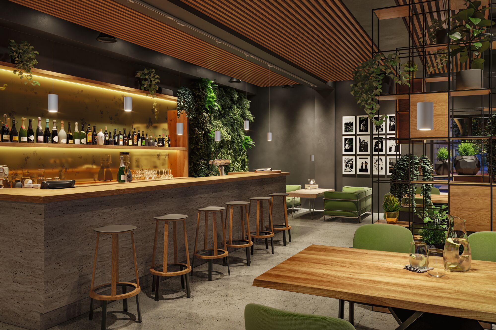 Modernes Barinterieur mit Holztheke, grünen Sitzmöbeln und hängenden weißen Pendelleuchten für Gastronomiebeleuchtung.