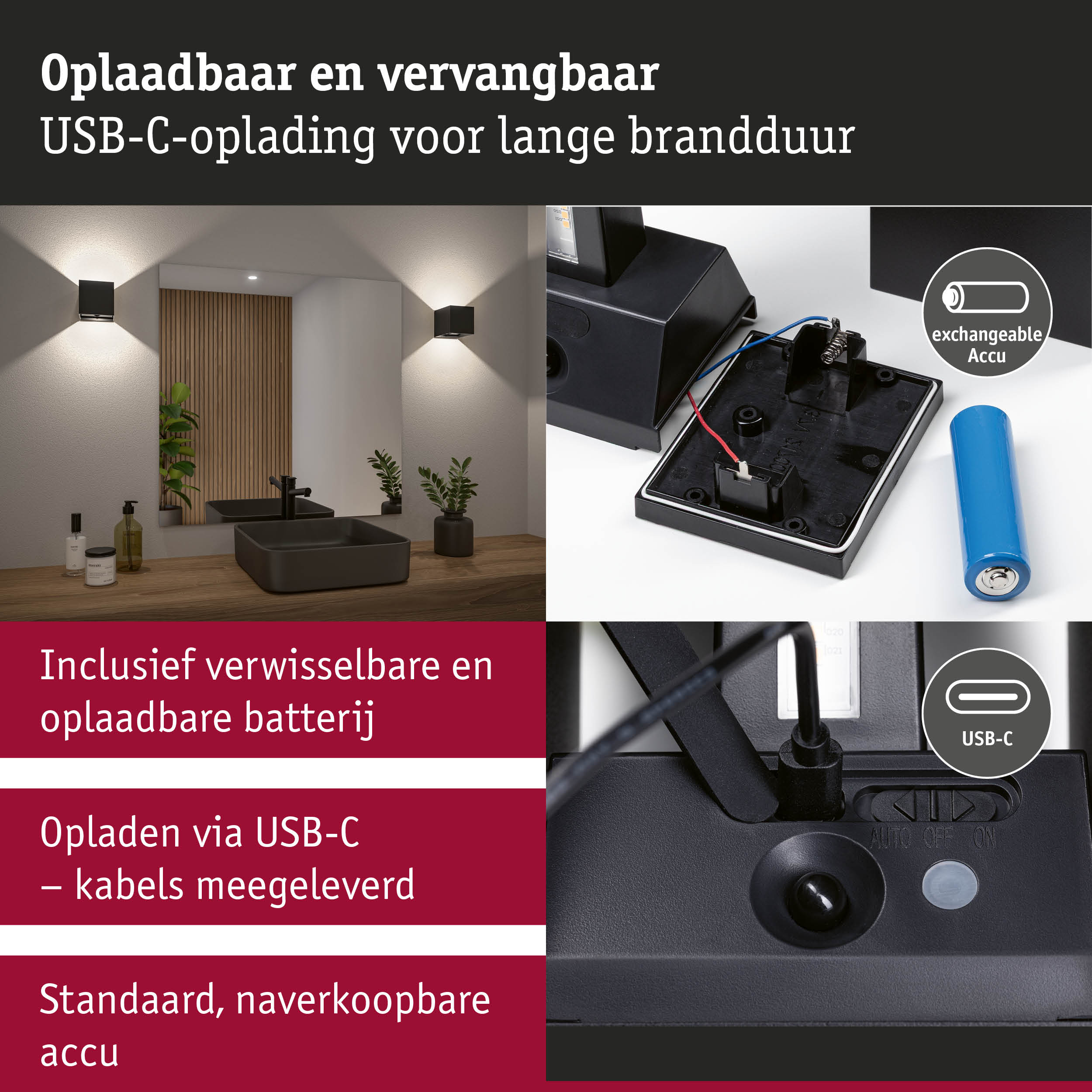 Zwarte wandlamp met oplaadbare, verwisselbare USB-C batterij voor langdurige verlichting