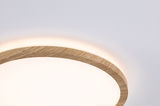 Rund loftlampe med træramme og varmt hvidt LED-lys til moderne boligbelysning