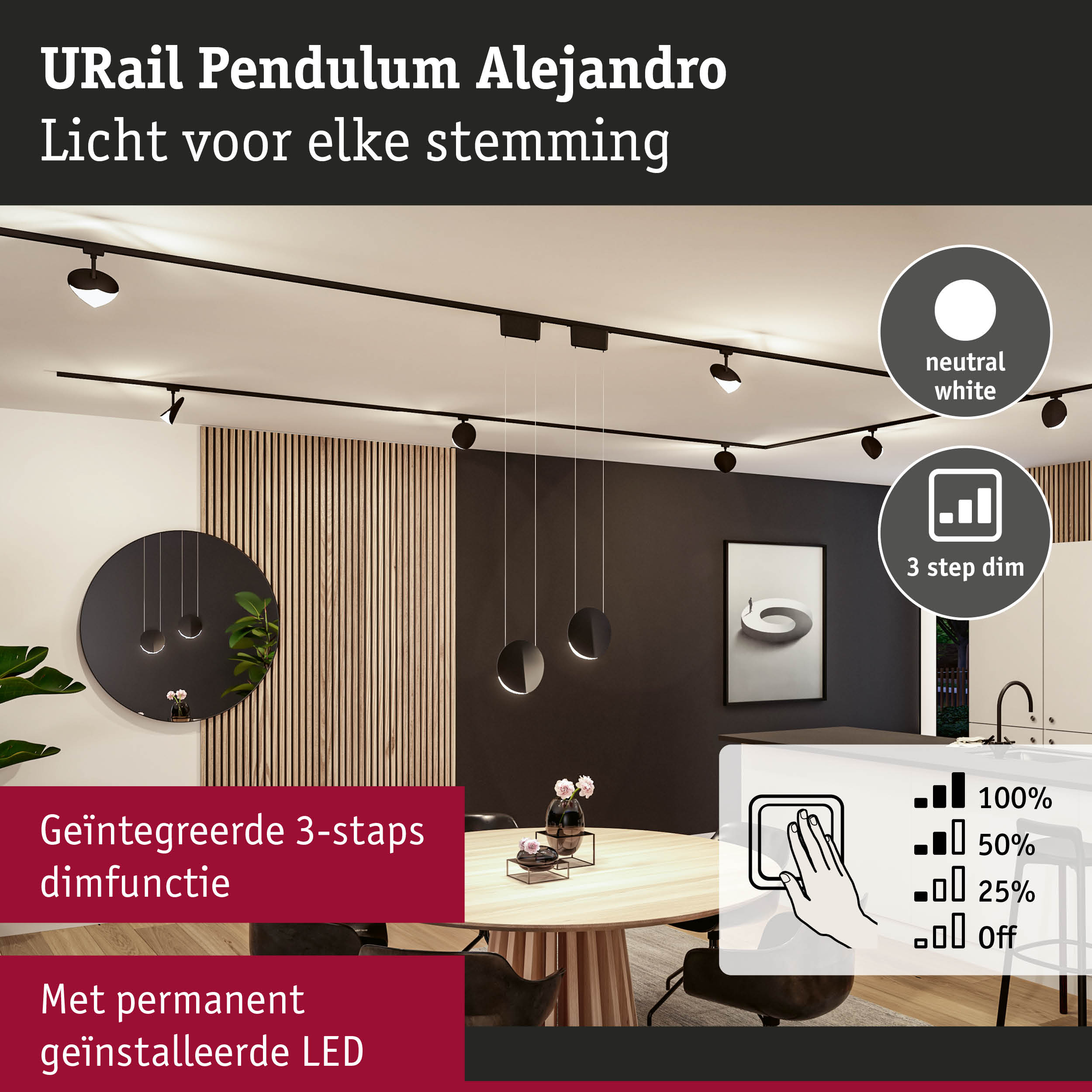 Zwart URail Pendulum Alejandro LED-plafondlicht met geïntegreerde 3-staps dimfunctie en neutraal wit licht