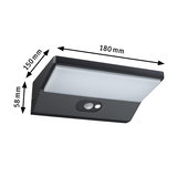 Rechteckige LED-Wandleuchte in Schwarz mit Bewegungsmelder und Abmessungen 180x150x58 mm