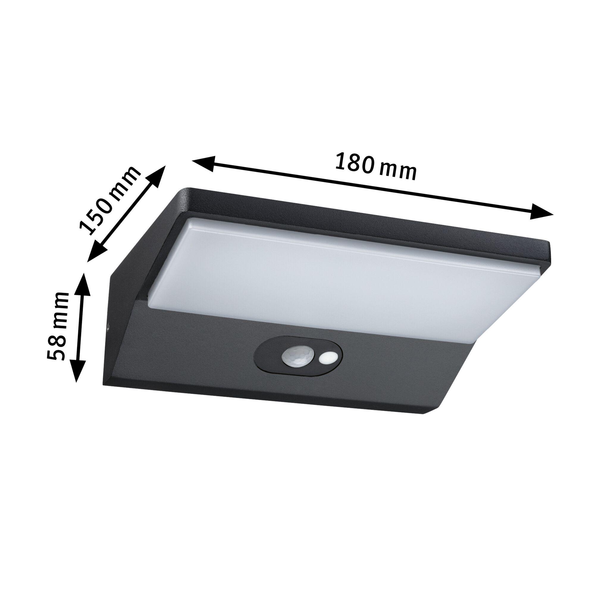 Black LED wall light with motion sensor measuring 180x150x58 mm for outdoor lighting solutions