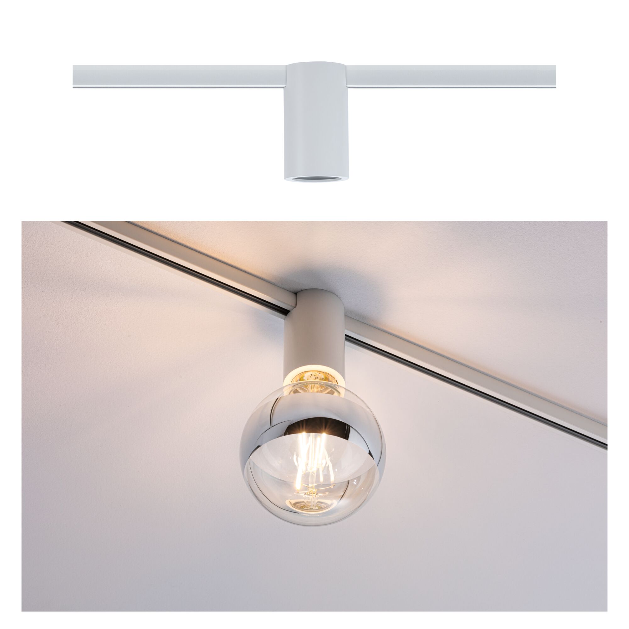 Modern white track spotlight with round glass lamp, LED ceiling light for living spaces