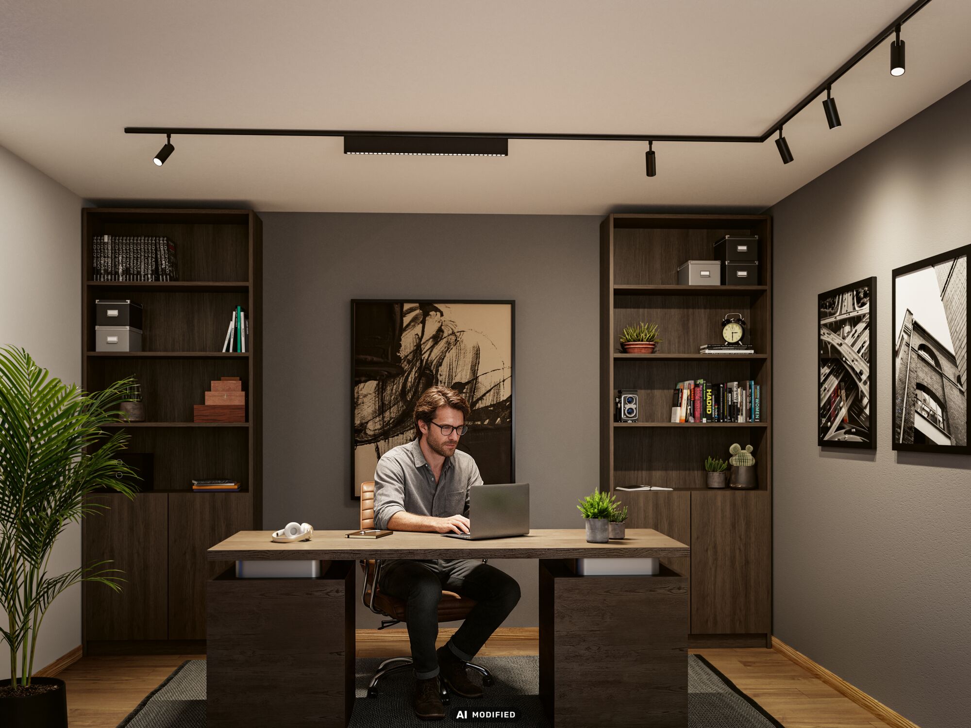 Bureau à domicile moderne avec éclairage de plafond à rail URail noir et étagères en bois pour lumière de travail