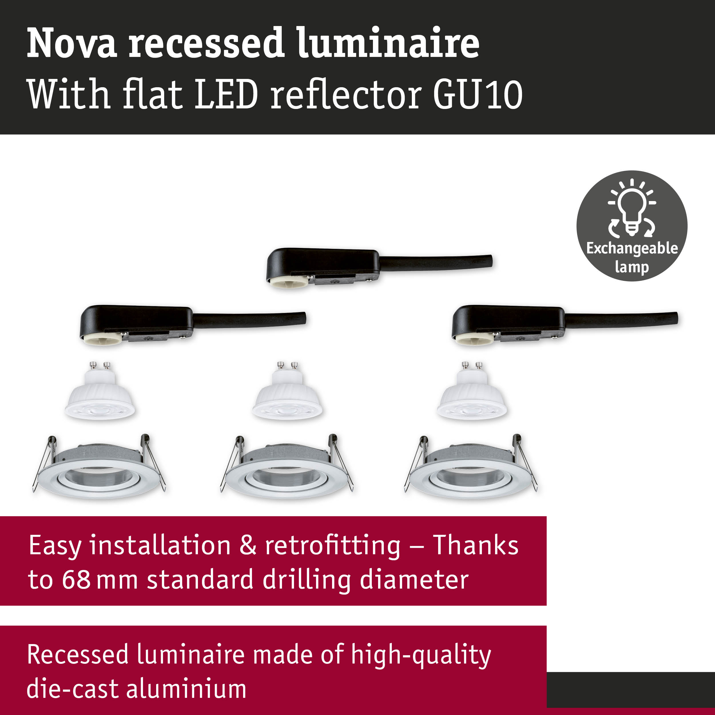 Nova recessed luminaire made of die-cast aluminium with flat LED reflector GU10 and exchangeable lamp