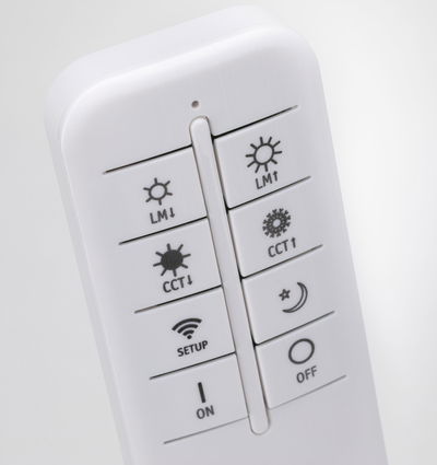 Weißer LED-Fernbedienung mit Tasten für Lichtstärke, Farbtemperatur, Setup, Ein- und Ausschalten