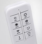 Weißer LED-Fernbedienung mit Tasten für Lichtstärke, Farbtemperatur, Setup, Ein- und Ausschalten