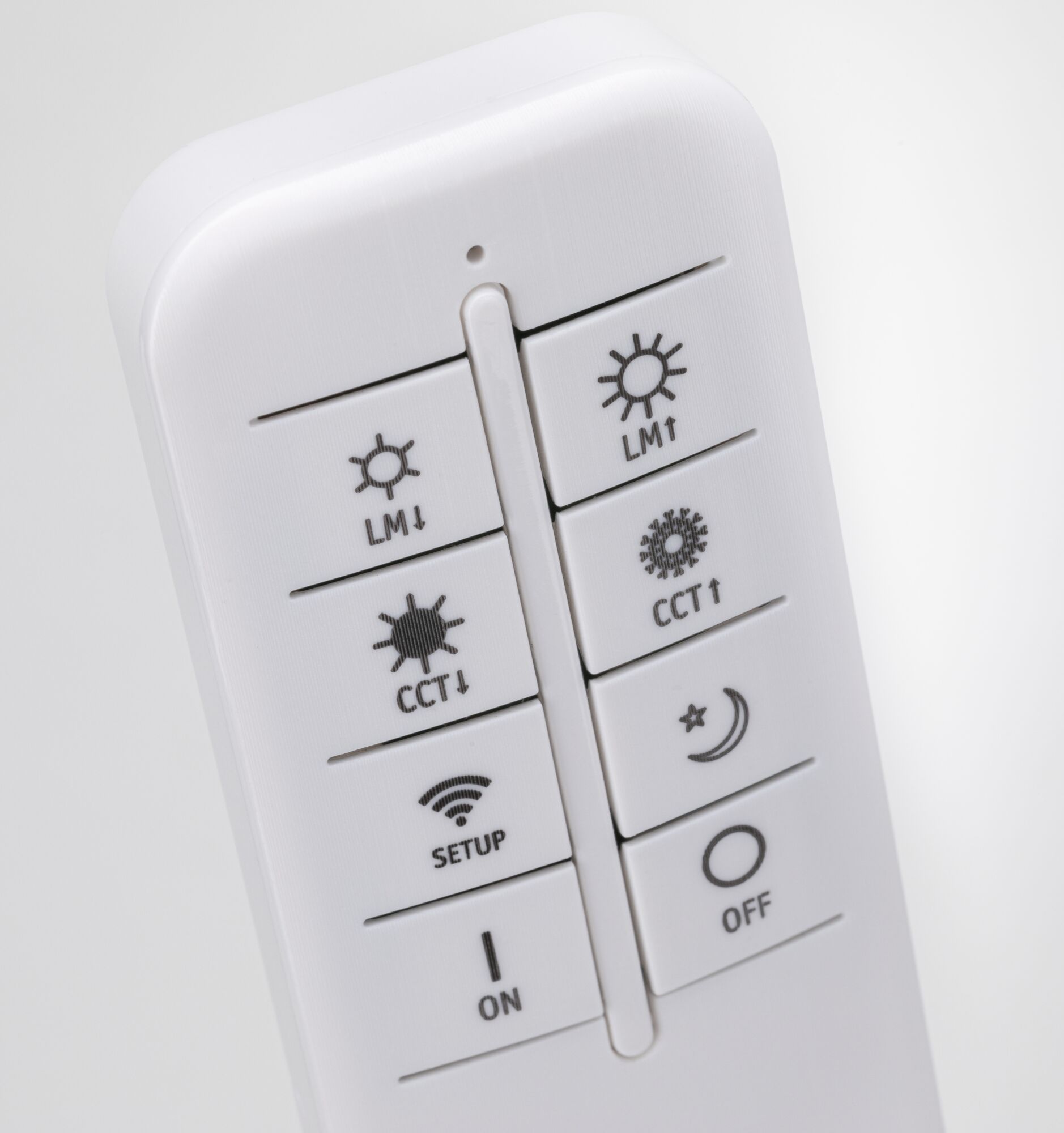 Télécommande en plastique blanc avec boutons pour réglage de la lumière et fonction configuration