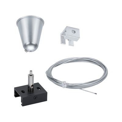 Accessoires de montage en métal argenté et noir avec câble en acier pour systèmes d'éclairage.