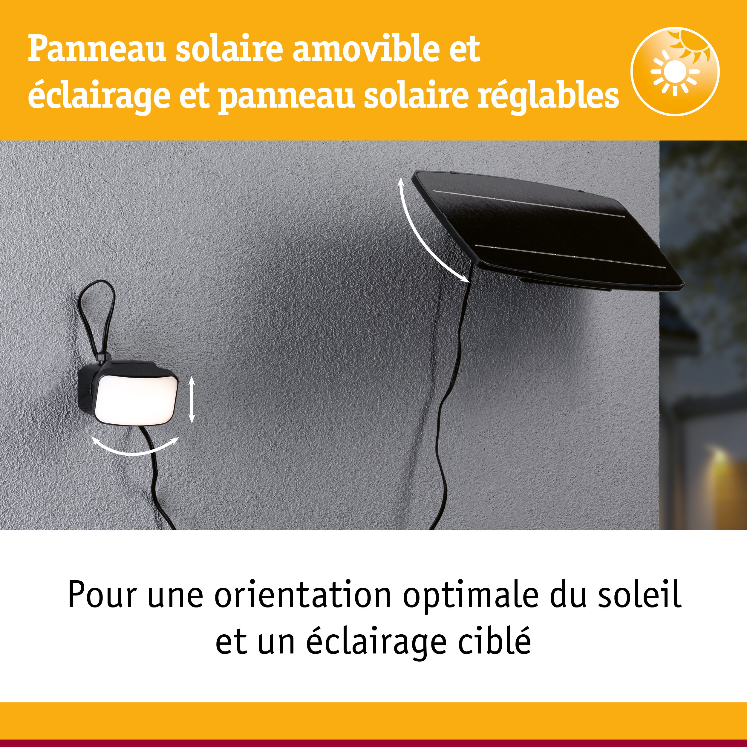 Panneau solaire noir réglable avec lampe LED mobile fixé sur mur gris pour éclairage extérieur