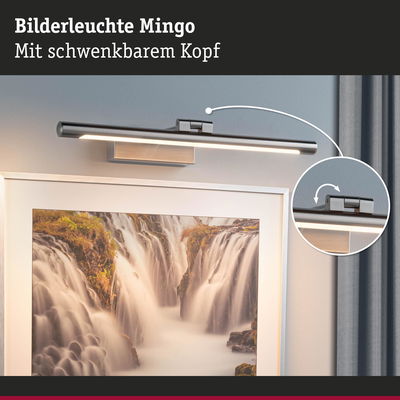 Moderne Bilderleuchte Mingo aus gebürstetem Metall in Silber mit schwenkbarem Kopf für Kunstbeleuchtung