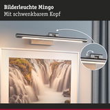 Moderne Bilderleuchte Mingo aus gebürstetem Metall in Silber mit schwenkbarem Kopf für Kunstbeleuchtung