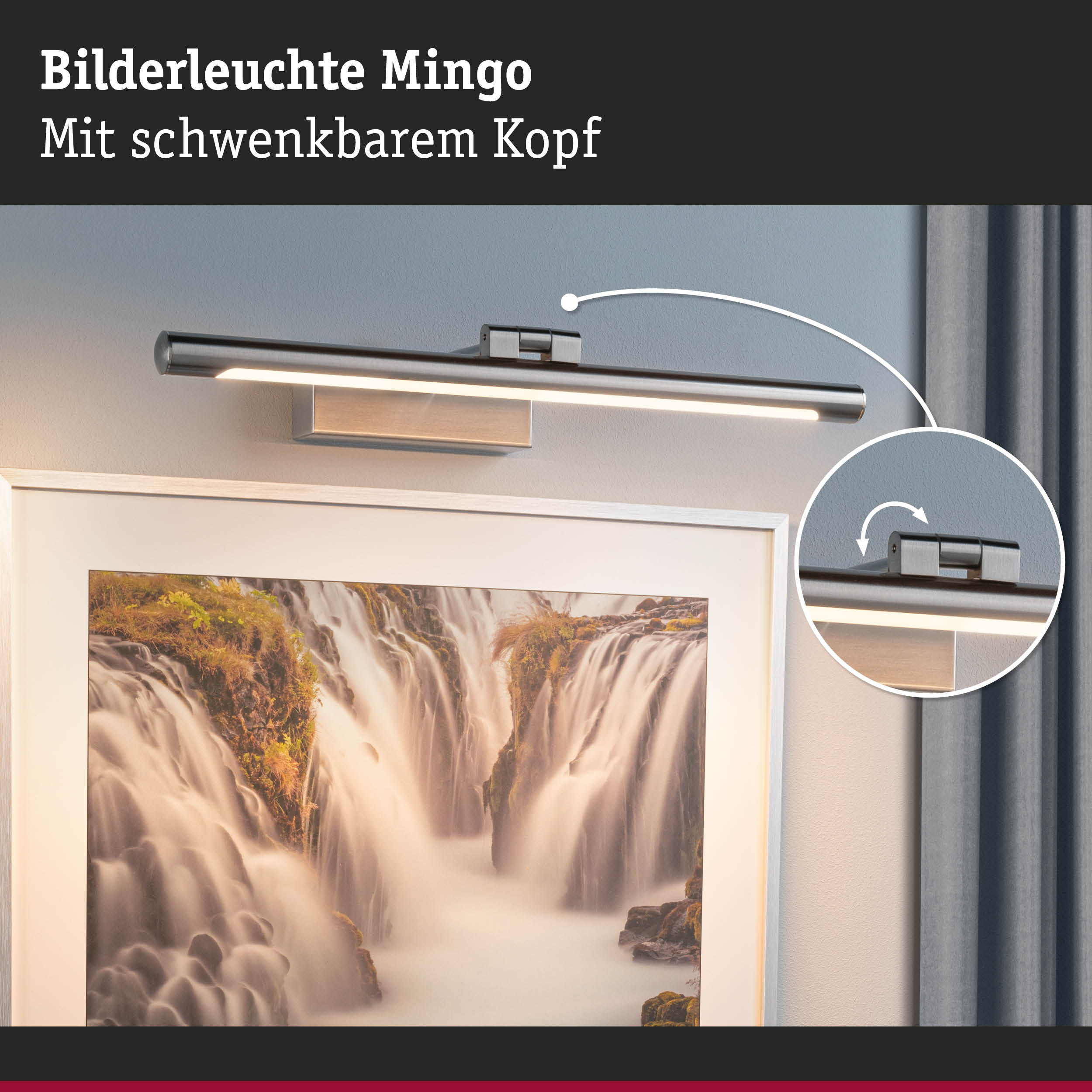 Bilderleuchte Mingo aus gebürstetem Edelstahl in Silber mit schwenkbarem Kopf für Wandbilder.